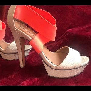 Platform nude snake/ orange strappy pumps